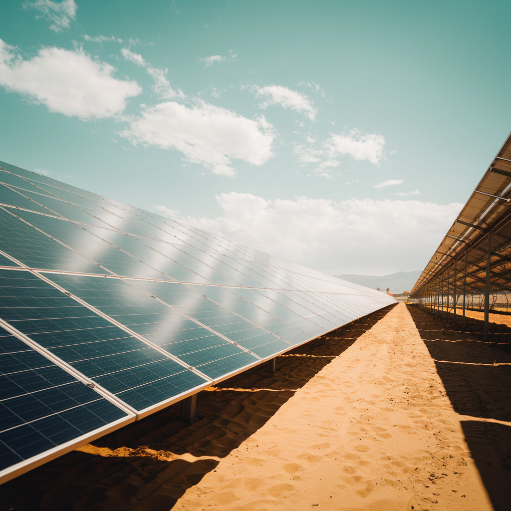 A photo of a vast solar panel field on a warm, sunny day. The sunlight reflects off the solar panels, casting a gleaming light on the ground and nearby objects. There is a row of trees in the background. The sky is clear and blue. The ground is covered with white pebbles.