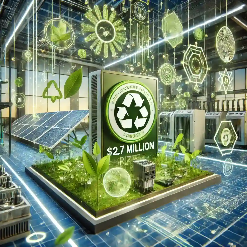 An image showing a green energy innovation competition with a $2.7 million prize. The scene includes eco-friendly solar inverters and energy modules w